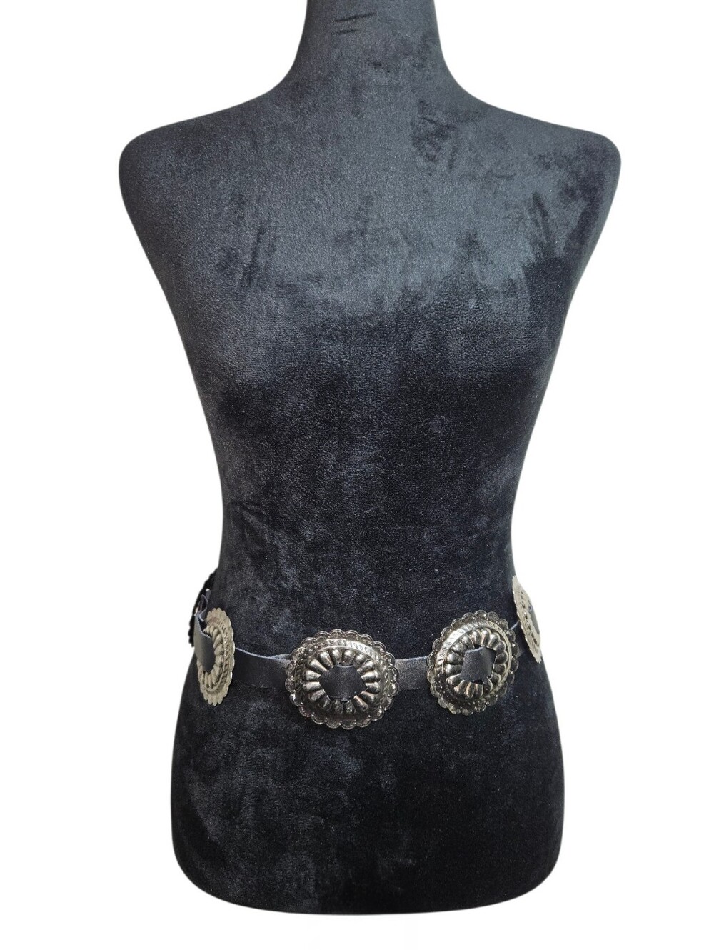 Women's Western Boho Silver Concho Faux Leather Black Belt One Size